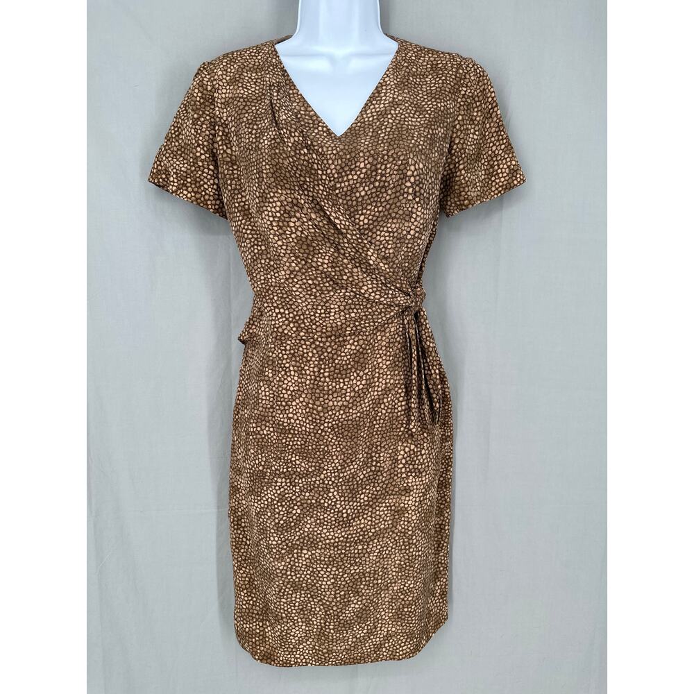 90s Vintage Dress Womens Small Brown Silk Mini Tie Front V Neck Short Sleeve